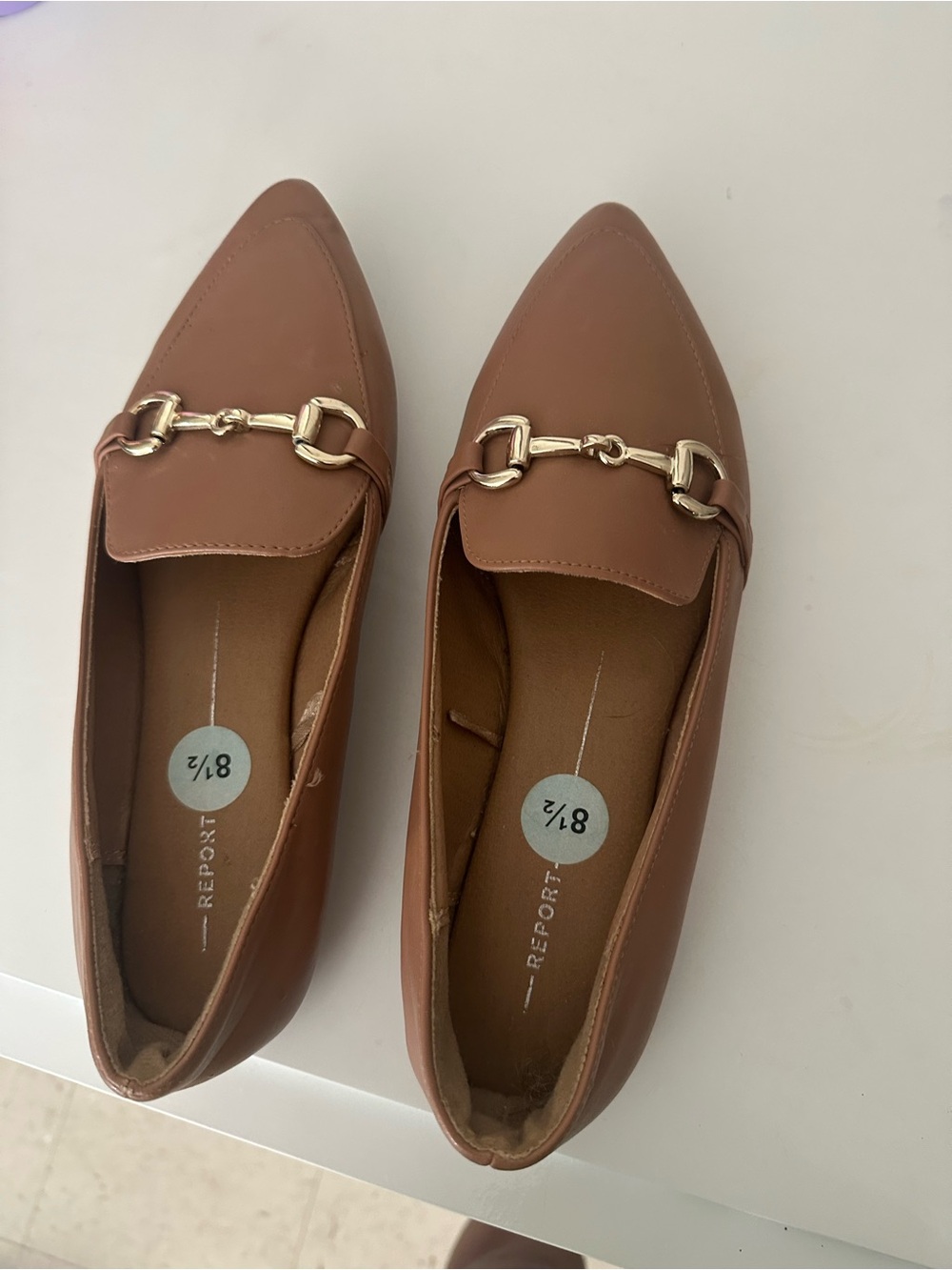 Report Women's Pointed Toe Slip-Ons in Brown with Gold Chain